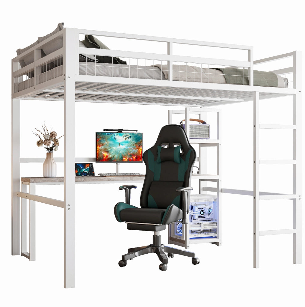 Letto a soppalco bianco 140x200 cm con scrivania e mensole