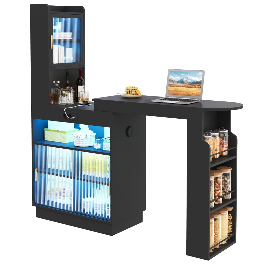 Tavolo bar estraibile con contenitori; LED; prese USB e Type-C 131-170x40x170 cm nero