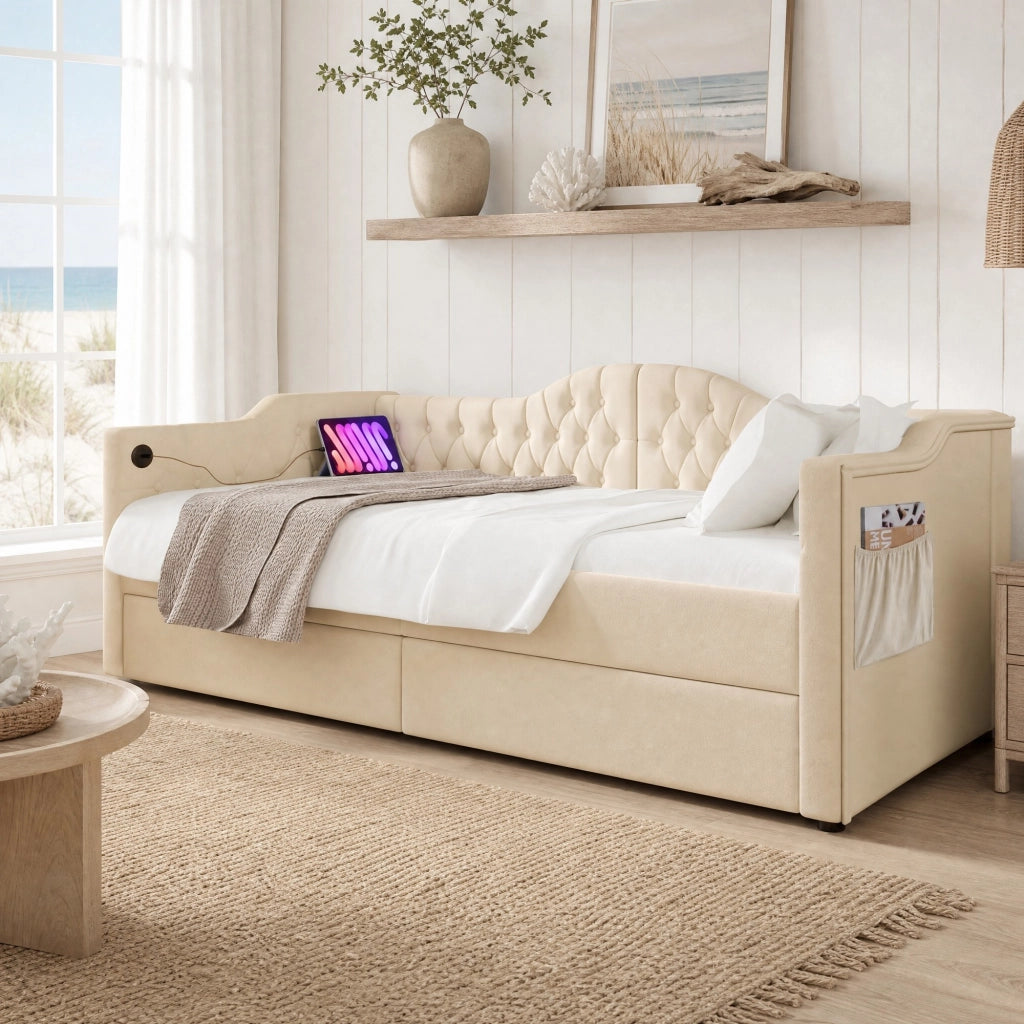 Letto singolo imbottito 90 ¡Á 200 cm con due cassetti USB e Type C in velluto beige