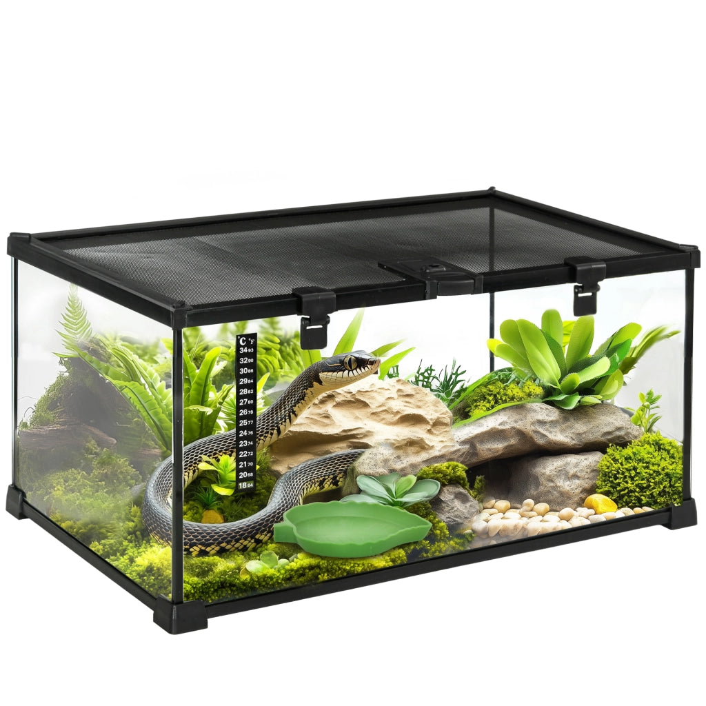Terrario per Rettili Rialzato con Serratura e Termometro, in Vetro e Rete Metallica, 50x30x25 cm, Nero
