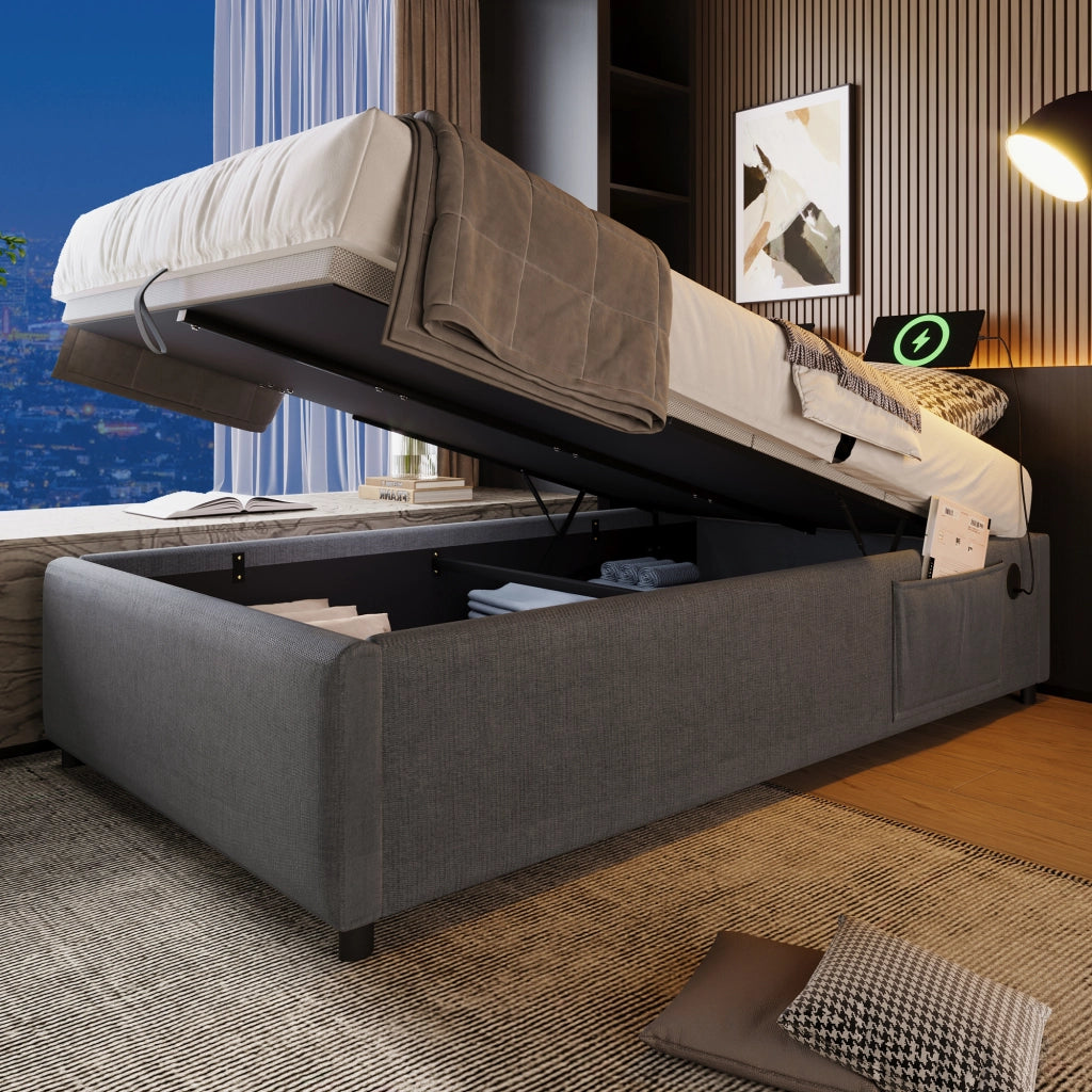 Letto imbottito 90x190 cm con contenitore, USB e Type-C, grigio