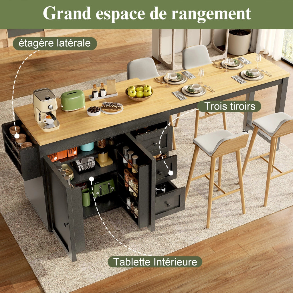 Mobile base da cucina con piano allungabile; 3 cassetti; armadio e ruote in MDF nero 116–179.5 × 45 × 89 cm