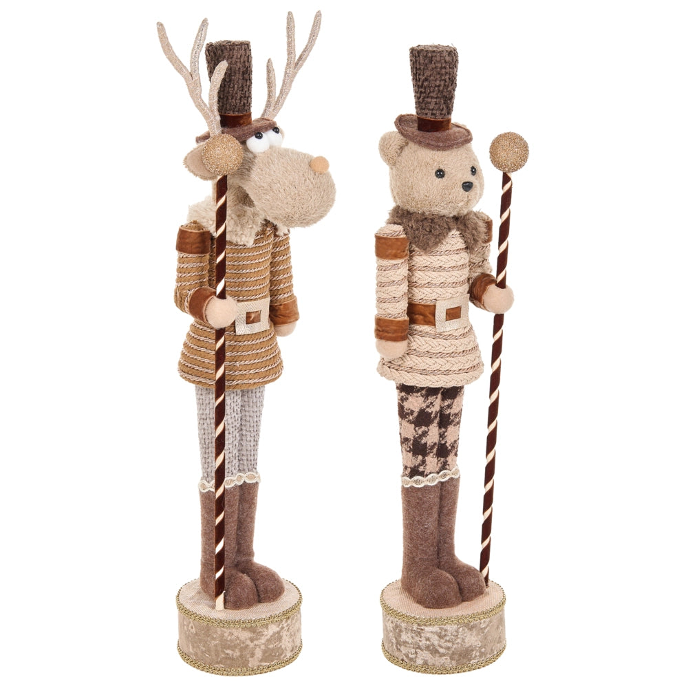 Set di 2 statuette schiaccianoci beige a forma di orso e renna fatte a mano, decorazioni natalizie