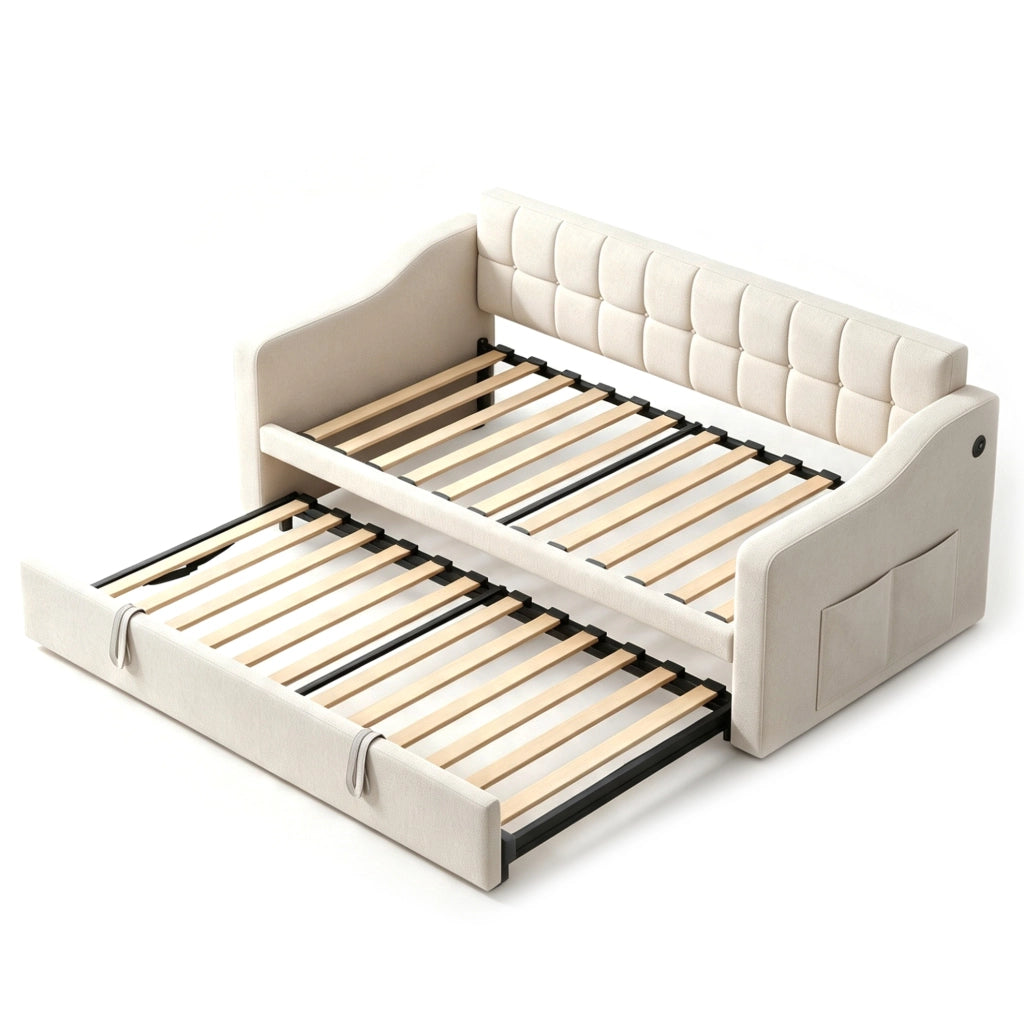 Divano letto 2 in 1 in velluto beige 90x190 cm con porta USB e spazio contenitivo