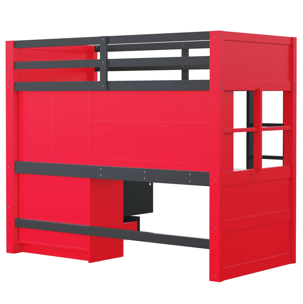 Letto a soppalco 90x200 cm in legno con scaletta, armadio, cassetti, scrivania e illuminazione LED, colore nero e rosso, stile gaming per bambini e ragazzi
