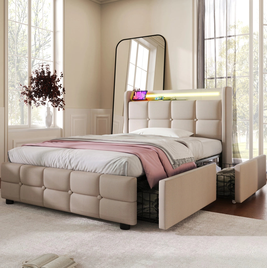 Letto singolo 90x200 cm con USB; LED e 2 cassetti; beige