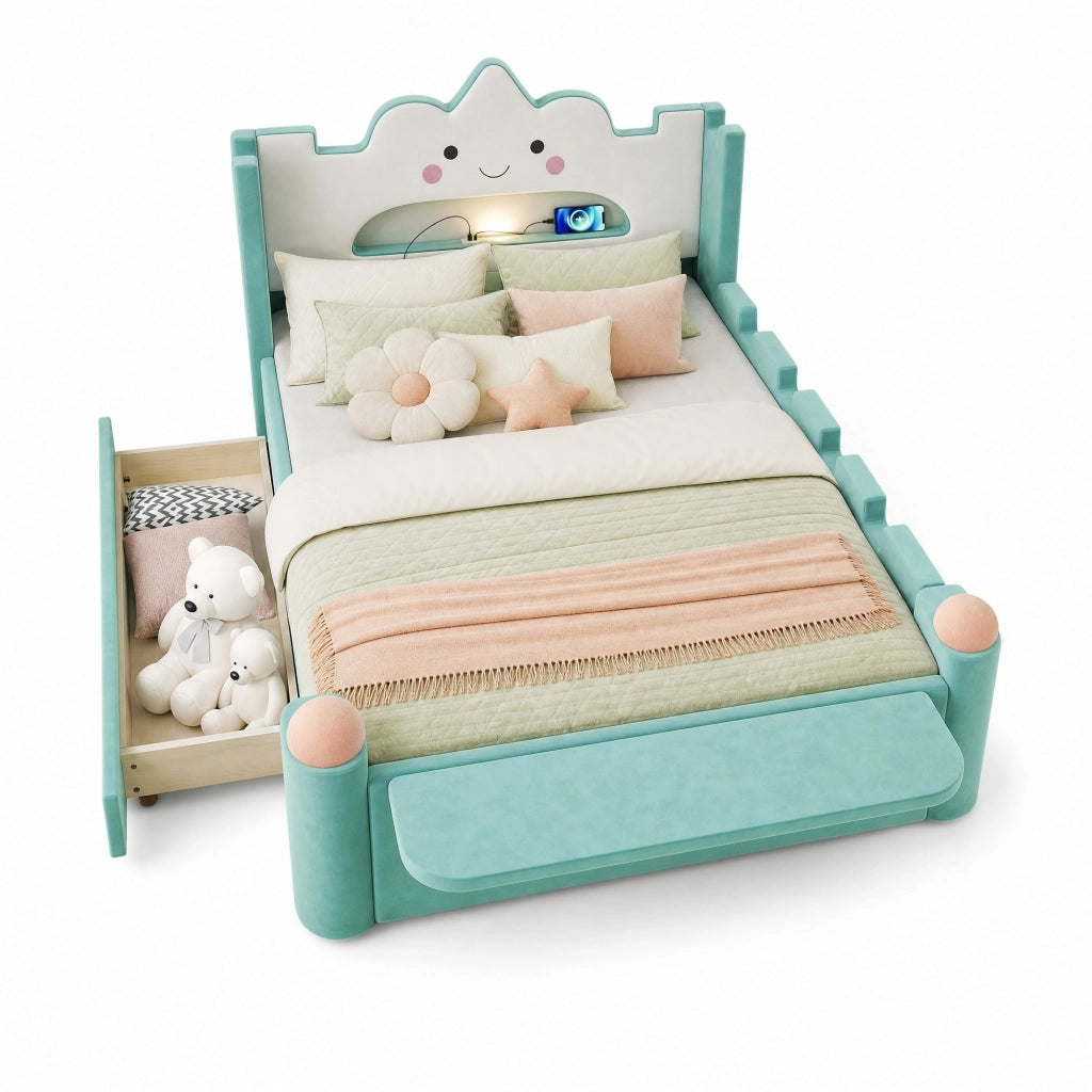 Letto per bambini imbottito 140 × 200 cm con lampada LED USB cassetto reversibile e ripiano pieghevole blu verde