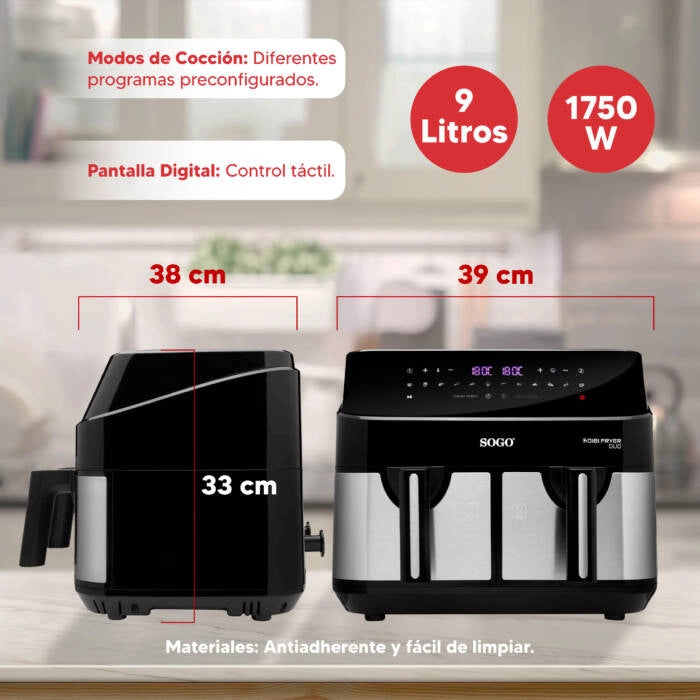 Friggitrice ad aria doppia 9L con 2 cestelli indipendenti, 12 programmi e temperatura 200°C 1750W per cucinare 2 piatti - Sogo