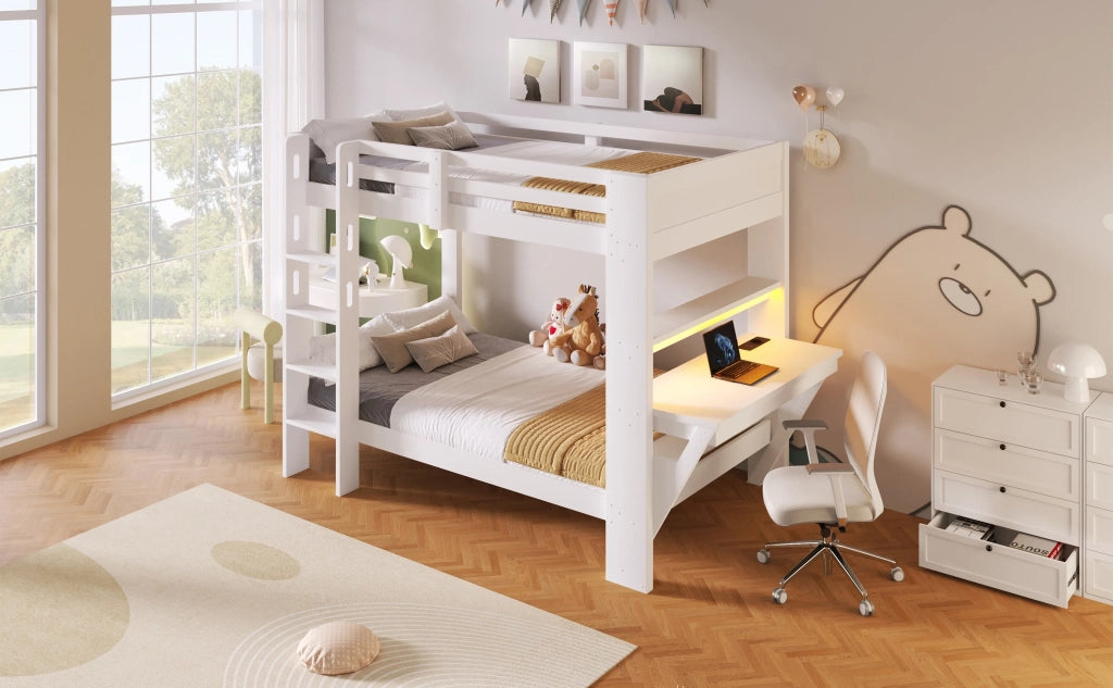 Letto a castello in legno di pino bianco, 90x200 cm, con scrivania, presa elettrica e striscia LED. Senza materasso.