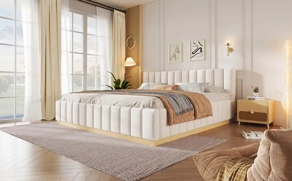 Letto matrimoniale imbottito 140x200 cm, beige chenille, testiera imbottita, rete a doghe, sollevamento idraulico, striscia LED. Senza materasso