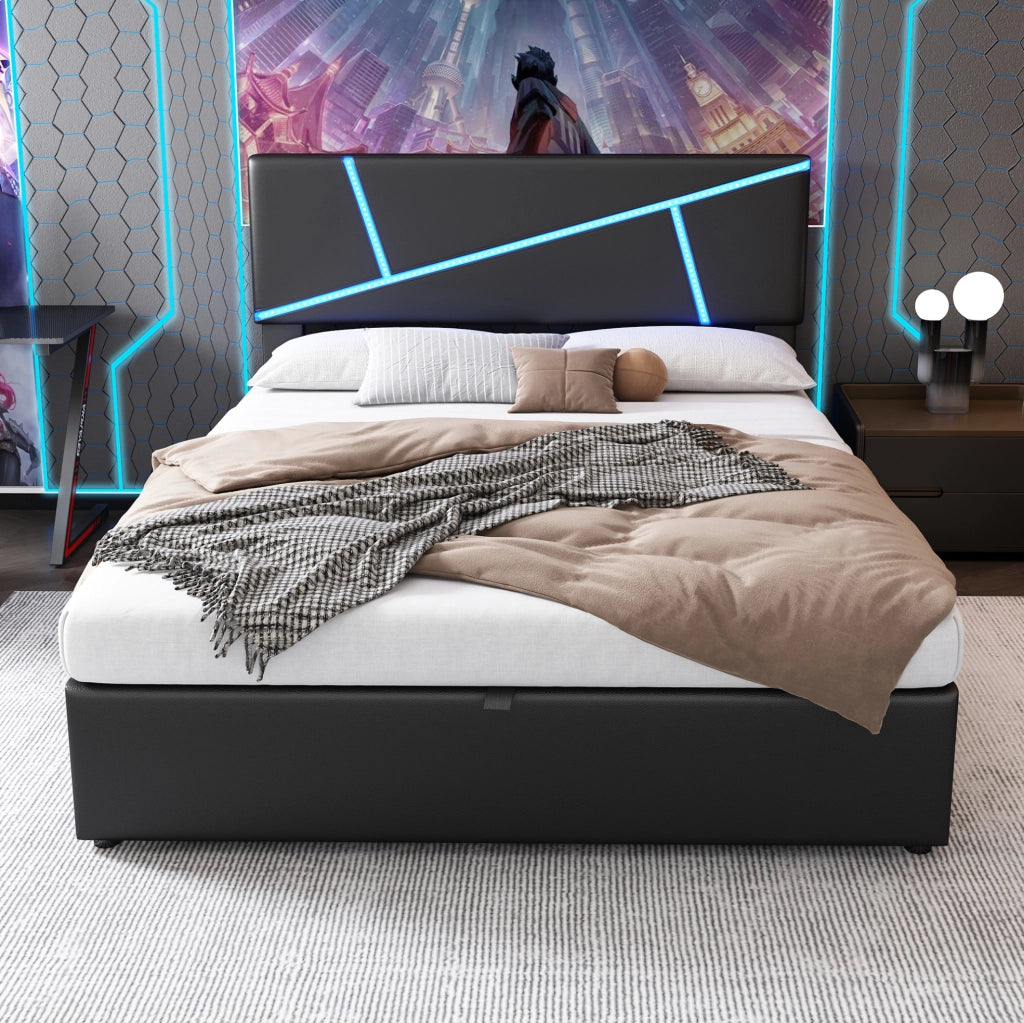 Letto imbottito con contenitore idraulico, testiera LED in PU nero e 26 doghe