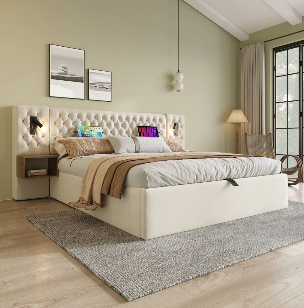 Letto contenitore 160 x 200 cm con comodini, luci e ricarica