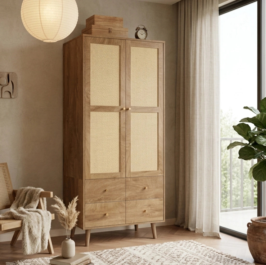Armadio guardaroba in MDF con effetto legno scuro e ante in rattan, 80x50x180 cm, con appendiabiti, ripiani e 2 cassetti