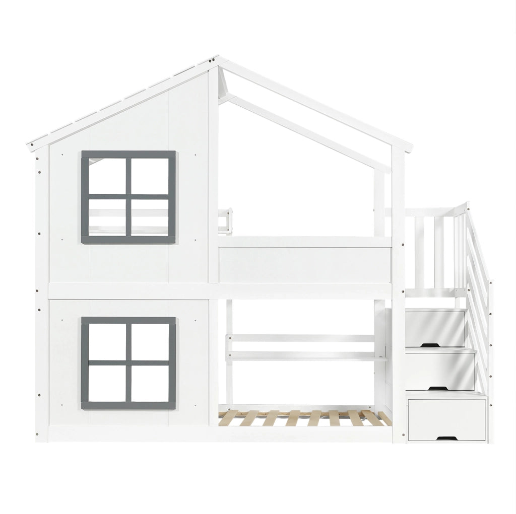 Letto a castello per bambini con scala contenitore a 3 gradini, finestrini e tetto, struttura in pino e MDF, bianco e grigio, 90x200 cm
