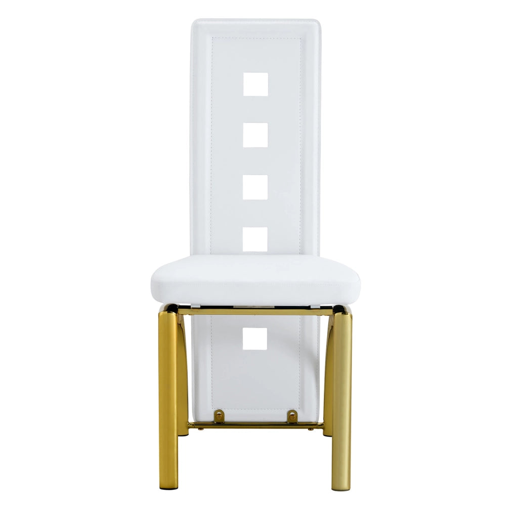 Set 2 sedie da pranzo in PU bianco opaco con schienale traforato e gambe in metallo oro