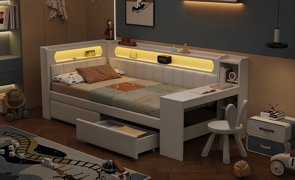 Daybed imbottito 90x200 cm con USB, illuminazione LED, scrivania integrata e 2 cassetti, bianco