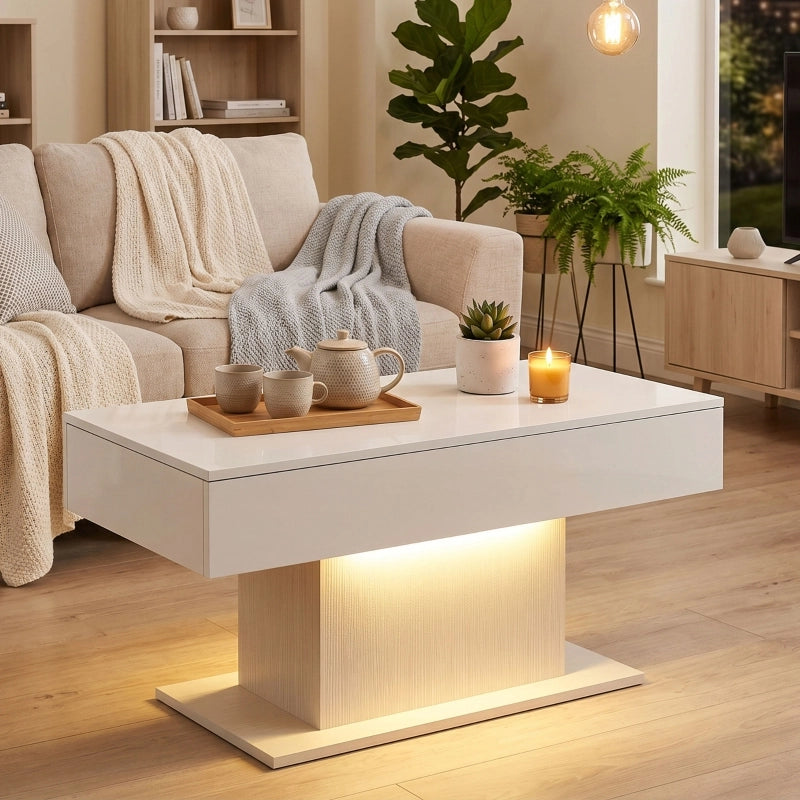 TAVOLO DA CAFFÈ LED con 2 cassetti, bianco lucido