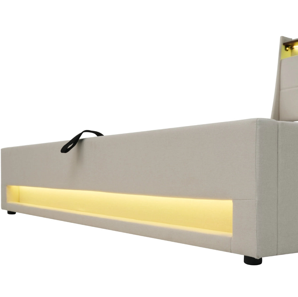 Letto imbottito 140x200 cm con LED; USB e contenitore; beige chiaro