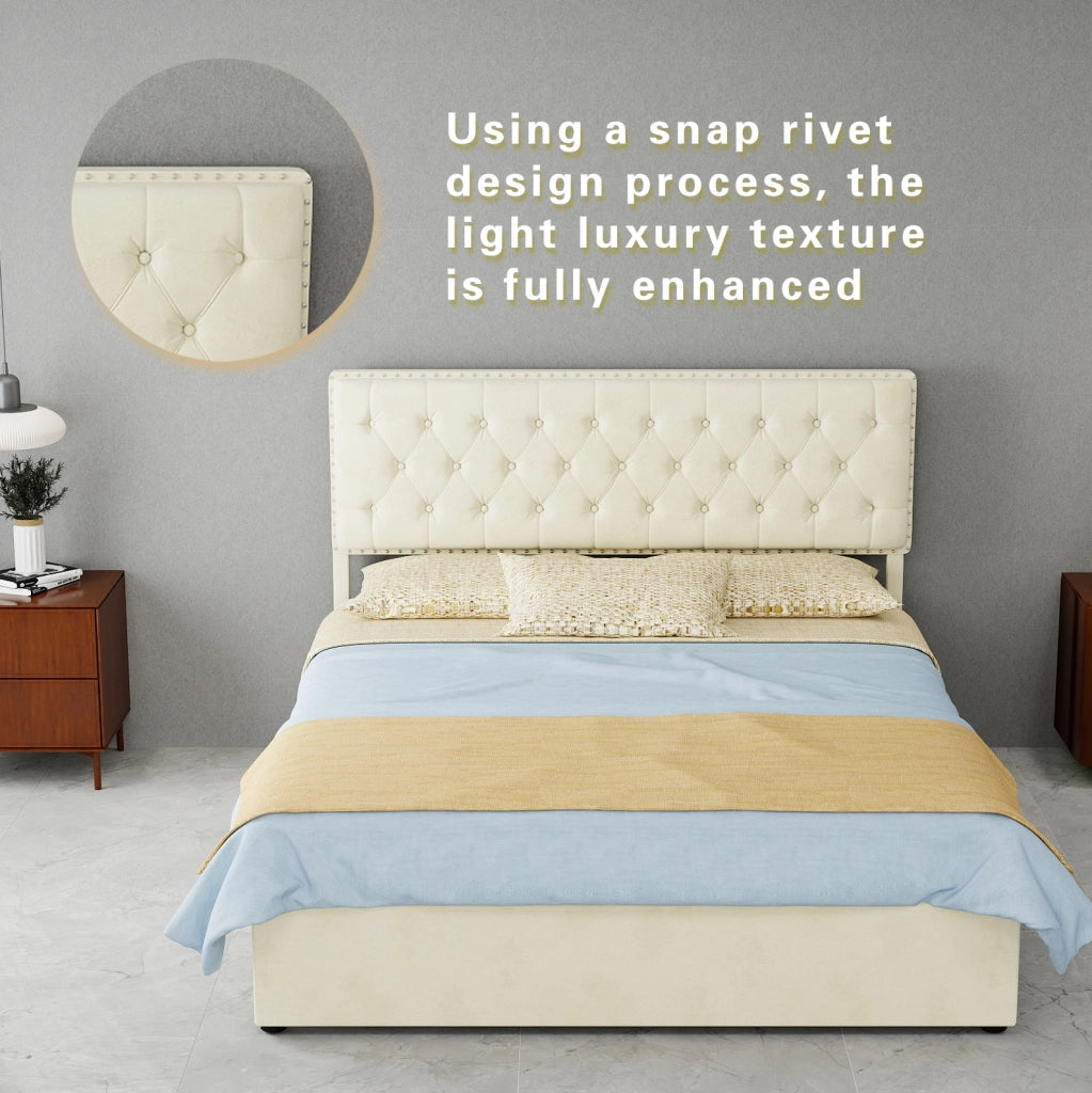 Letto moderno minimalista beige 140x200 cm con testiera imbottita e contenitore, struttura in legno con supporto pneumatico, senza materasso