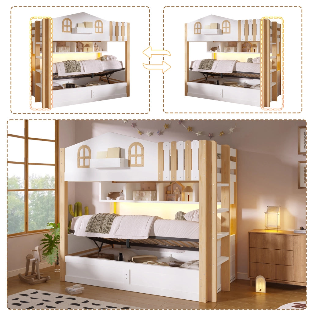 LETTO A CASTELLO 90x200 cm in pino massello e MDF, design casetta, bianco/naturale