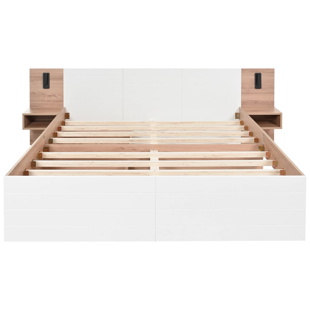 Letto matrimoniale 140x200 cm bianco e rovere chiaro con due cassetti