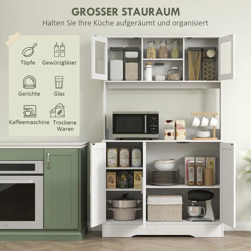 Mobile da cucina design scandinavo, 4 ante con vetri, ripiani regolabili e vano aperto, in truciolato e MDF, bianco