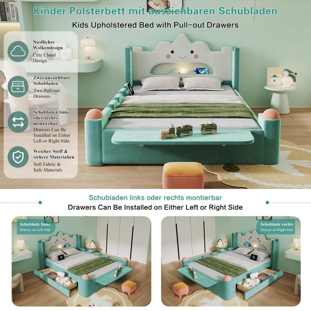 Letto per bambini imbottito 140 × 200 cm con lampada LED USB cassetto reversibile e ripiano pieghevole blu verde