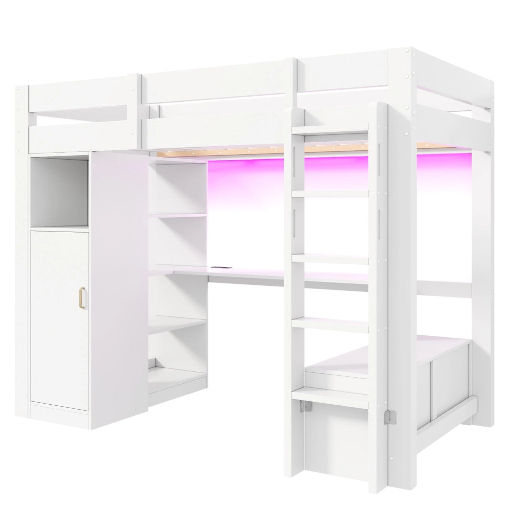 Letto a soppalco 90x200 con scrivania integrata; armadio e LED; bianco