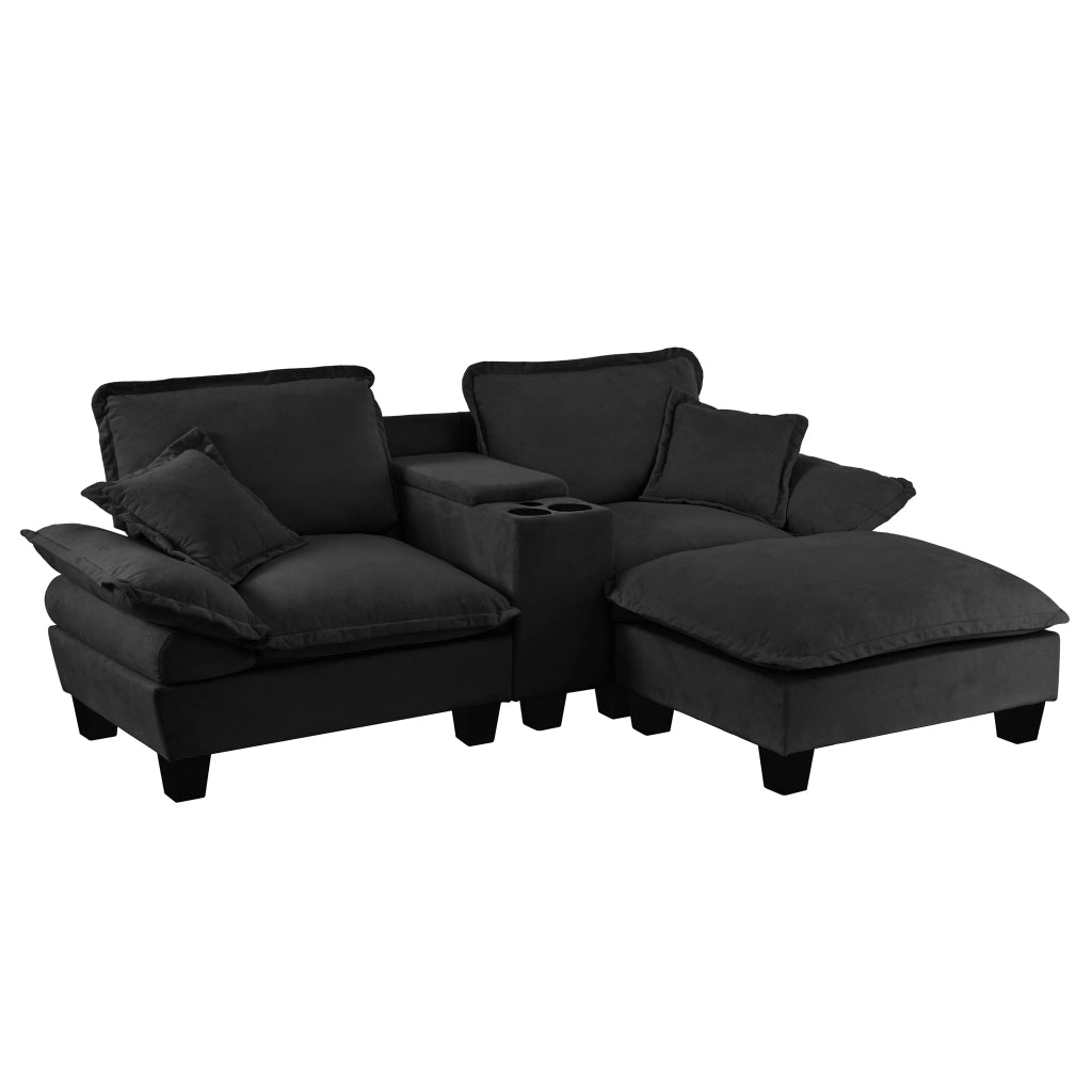 Divano Angolare Modulare con Ottomane ¨C MINIMAL ¨C Chenille, Nero, USB, Contenitore