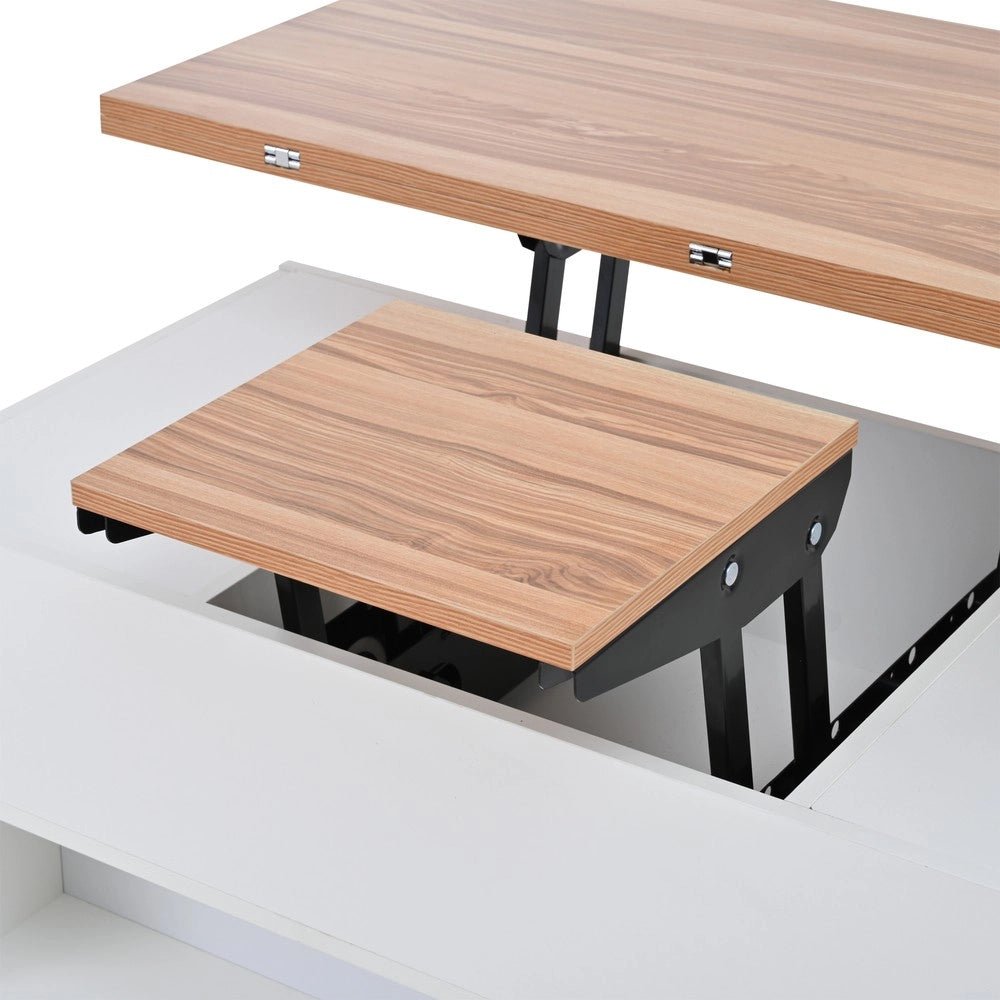 Tavolino da Caff¨¨ Sollevabile con 4 Cassetti e Ruote ¨C MINIMAL ¨C Bianco/Legno, 100x50x52