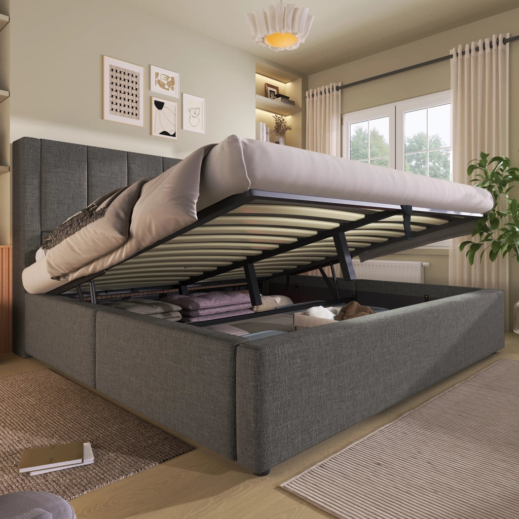 Letto matrimoniale 160 × 200 cm con contenitore idraulico testiera in lino grigio con USB Type-C e materasso incluso