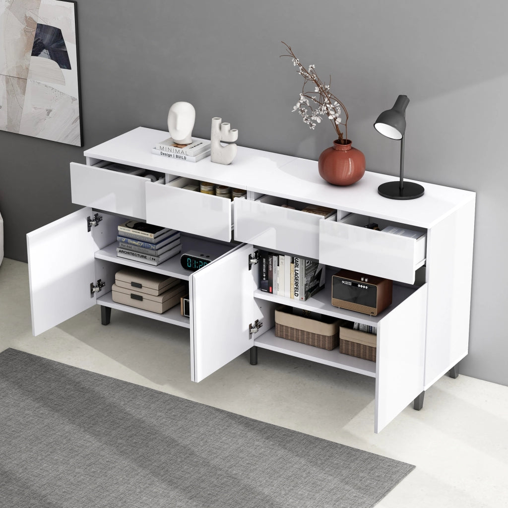 Credenza Bianca Lucida Mobile Buffet 160 cm con 4 Cassetti e 2 Ante