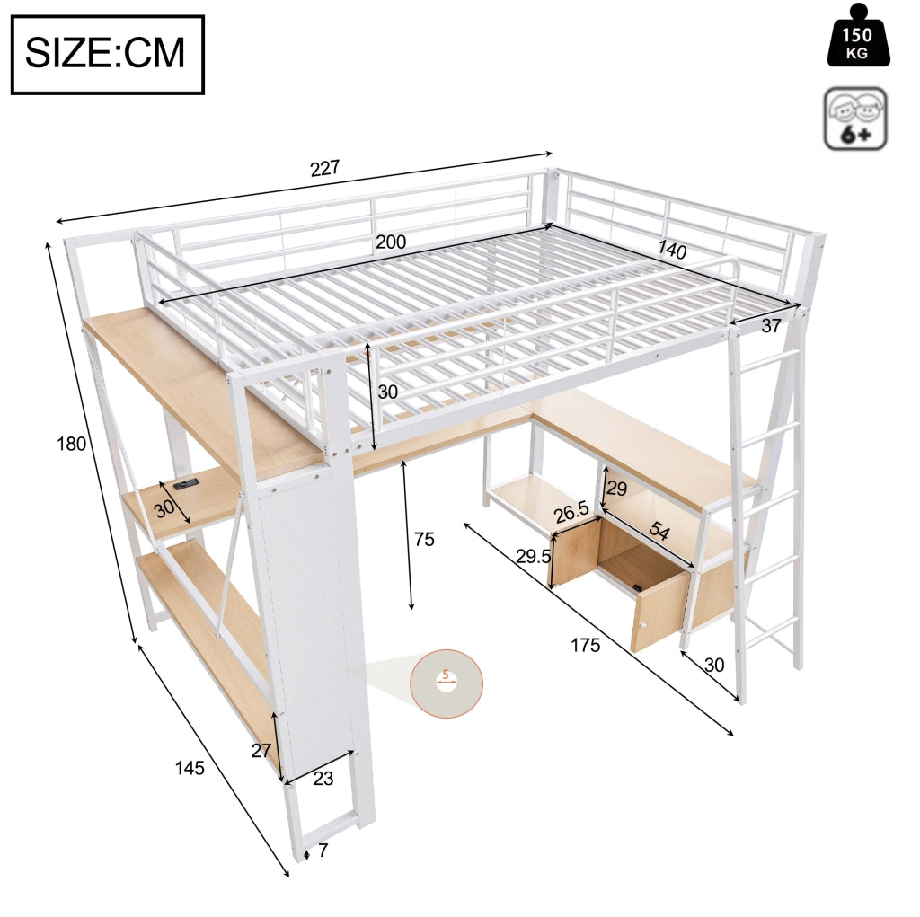 Letto a soppalco 140x200 cm con struttura in ferro, scrivania integrata, LED, ripiani, pannello forato e porta USB, bianco