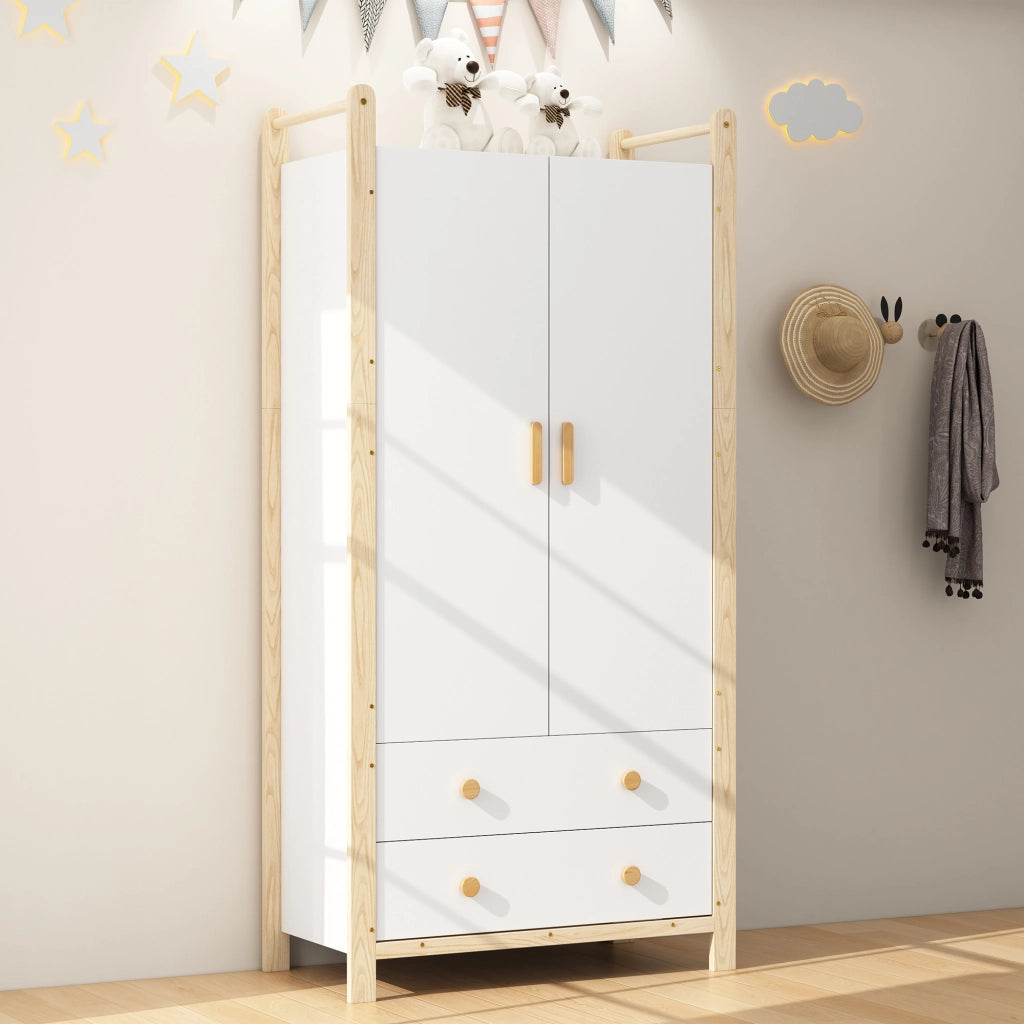 Armadio a 2 ante con appendiabiti e 2 cassetti per camera da letto bianco e legno 90 × 45 × 180 cm