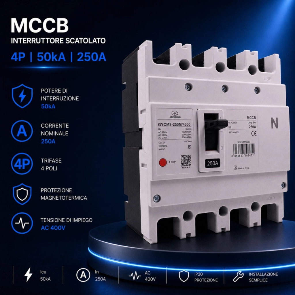 Interruttore Scatolato MCCB 4P 200A/250A 50kA, Magnetotermico Trifase AC 400V (250A)
