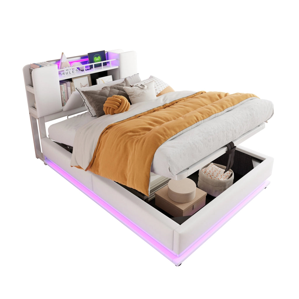 Letto per Bambini Imbottito 90x200 cm con LED; USB e Vano Contenitore Idraulico; Metallo e Velluto Beige