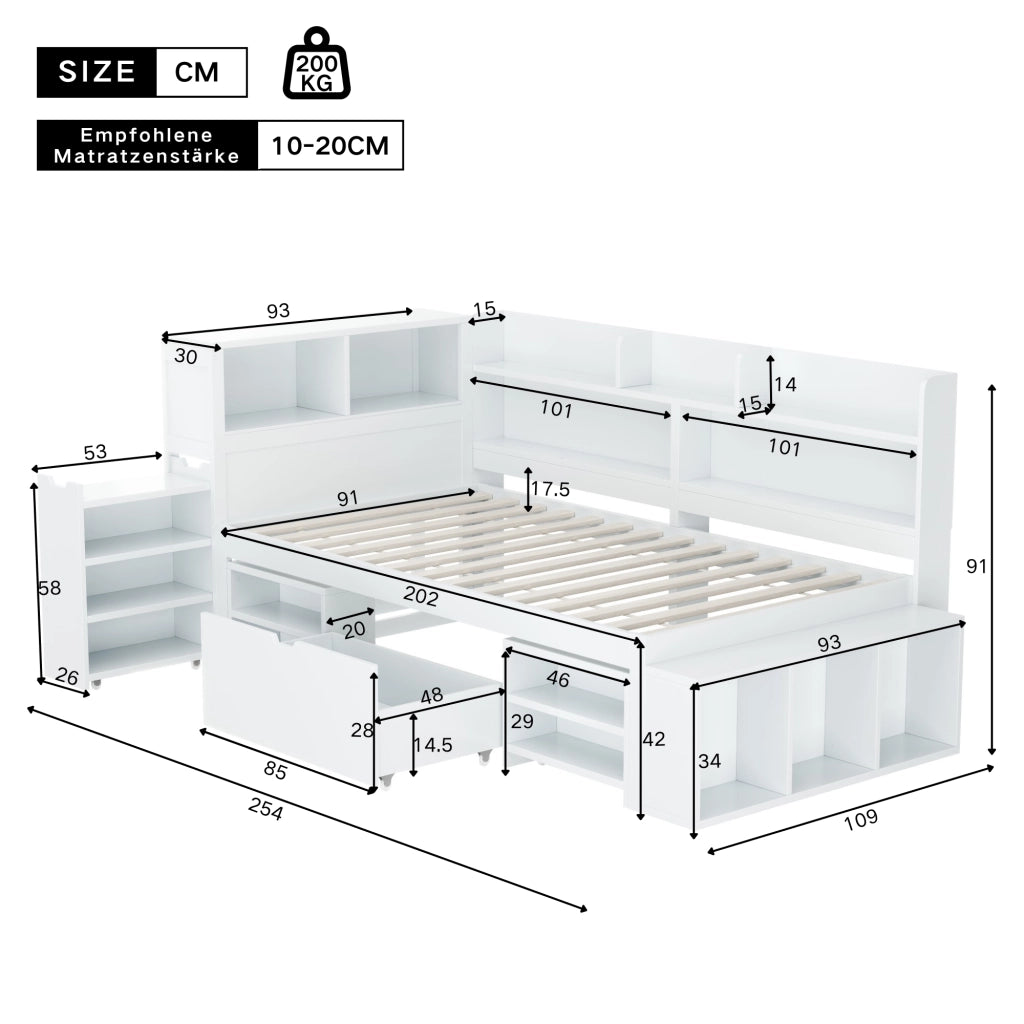 Letto con cassetti 90 × 200 cm con armadio e libreria in compensato bianco