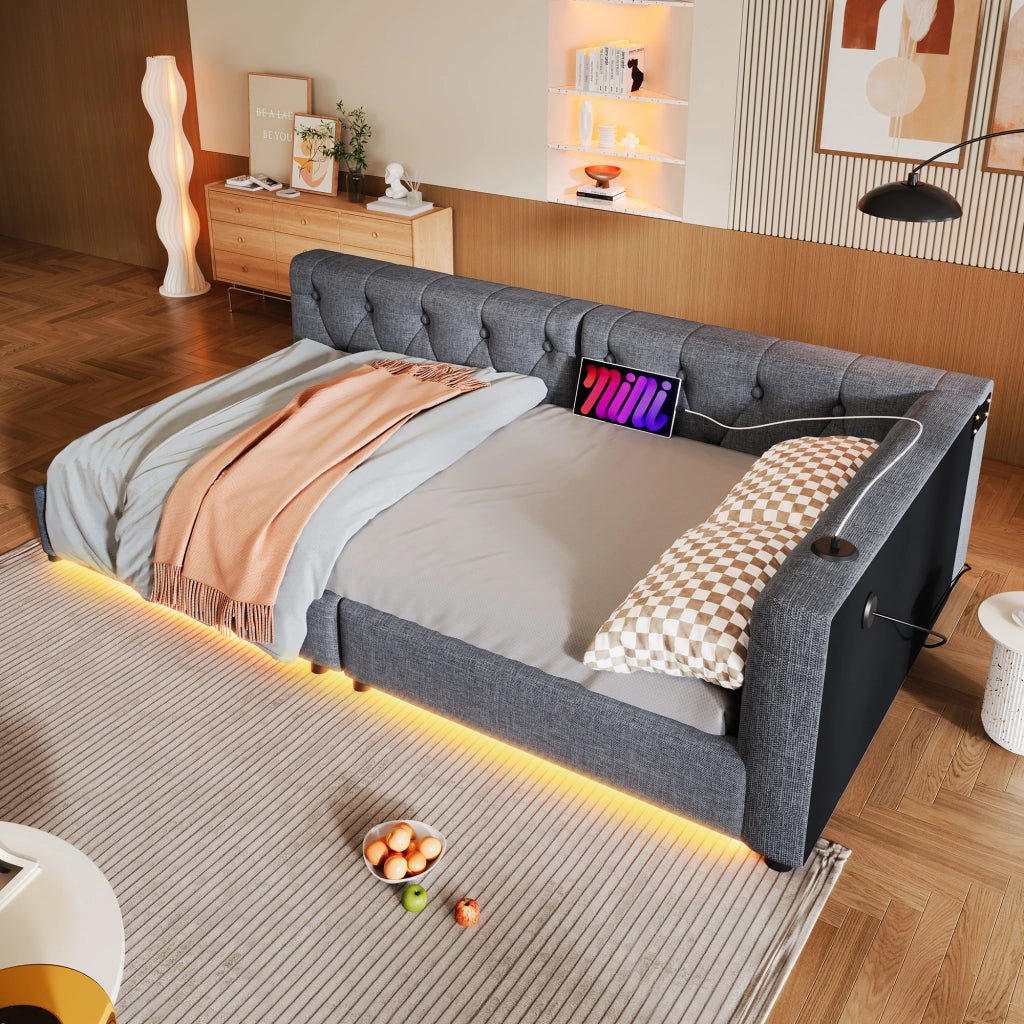 Divano letto giorno 90x200 cm in lino e MDF; grigio; con LED e USB/Type-C