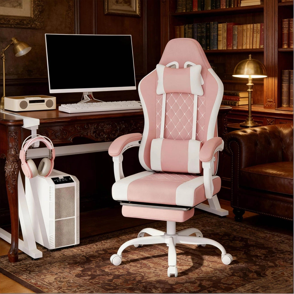 Sedia gaming ergonomica rosa e bianca con massaggio USB