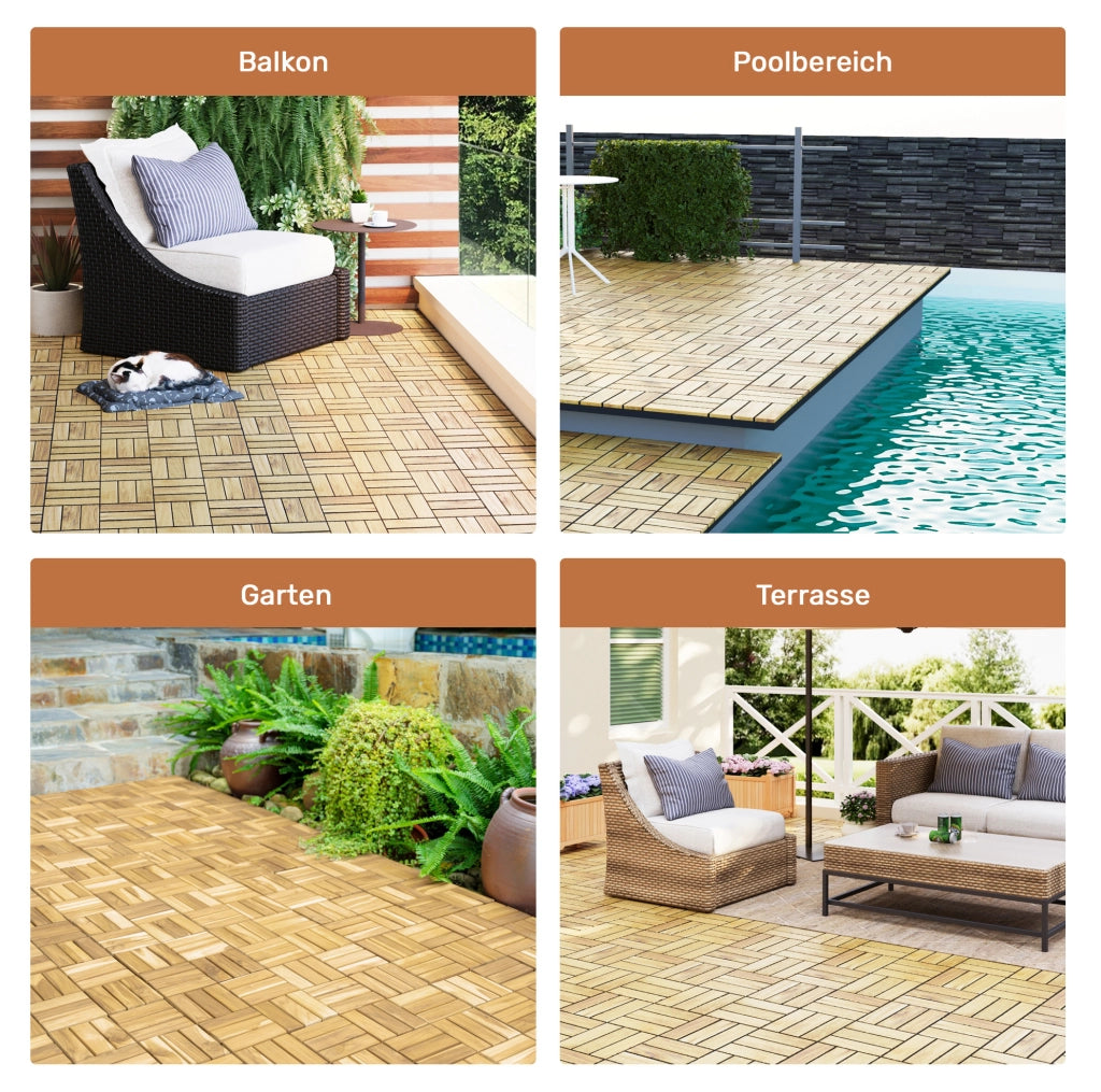 Set 32 piastrelle a incastro 30x30 cm in acacia marroni con base in plastica