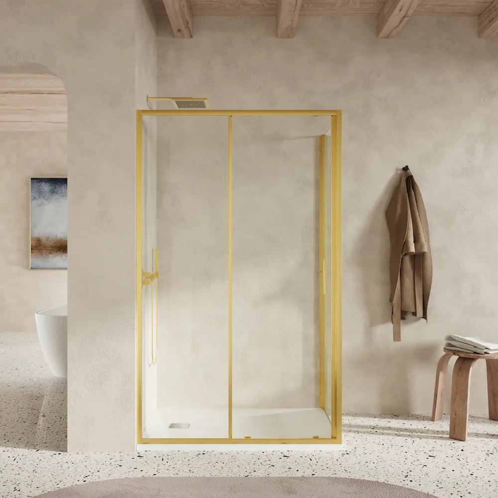 Box doccia slim 160x80cm con porta scorrevole e parete fissa profili oro spazzolato e vetro 6mm trasparente anticalcare h190| Portofino