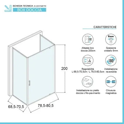 Box doccia 70x80x70 cm con porta a battente serigrafata H 200 cm Ted