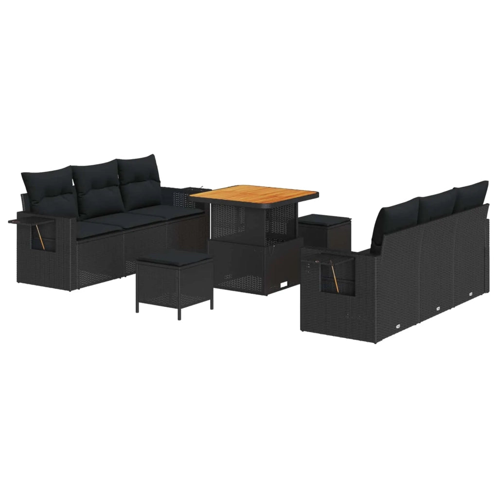Set Divano da Giardino con cuscino 9 pcs Nero polyrattan