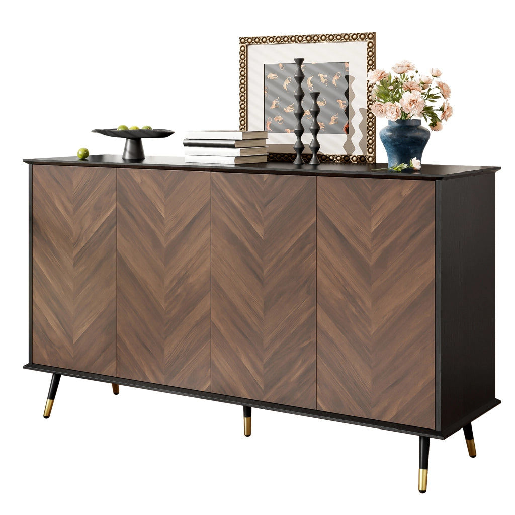 Credenza e madia con 4 ante, ripiani regolabili e chiusura ammortizzata, in MDF nero e marrone, 140 × 40 × 80 cm