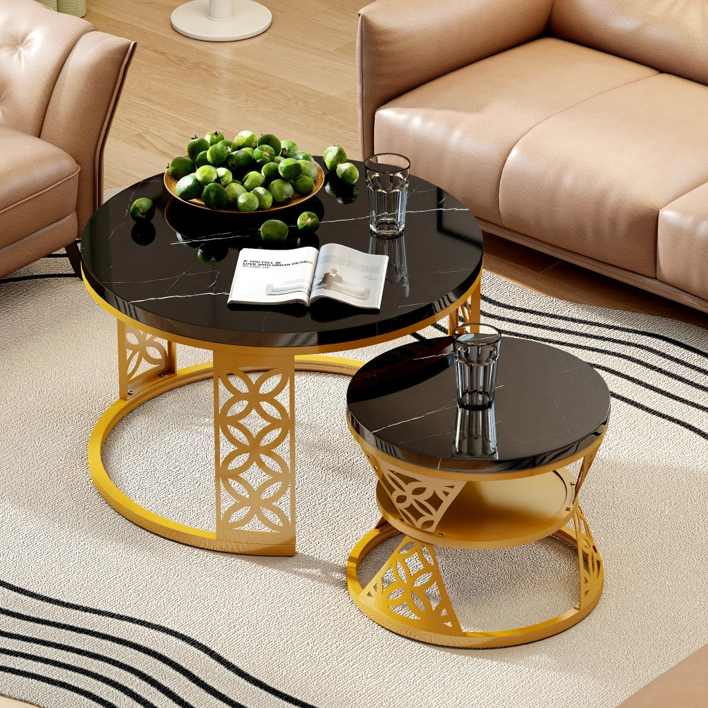 Set di 2 tavolini da caff¨¨ rotondi 70x70x45 cm; effetto marmo; impilabili; MDF e metallo nero dorato