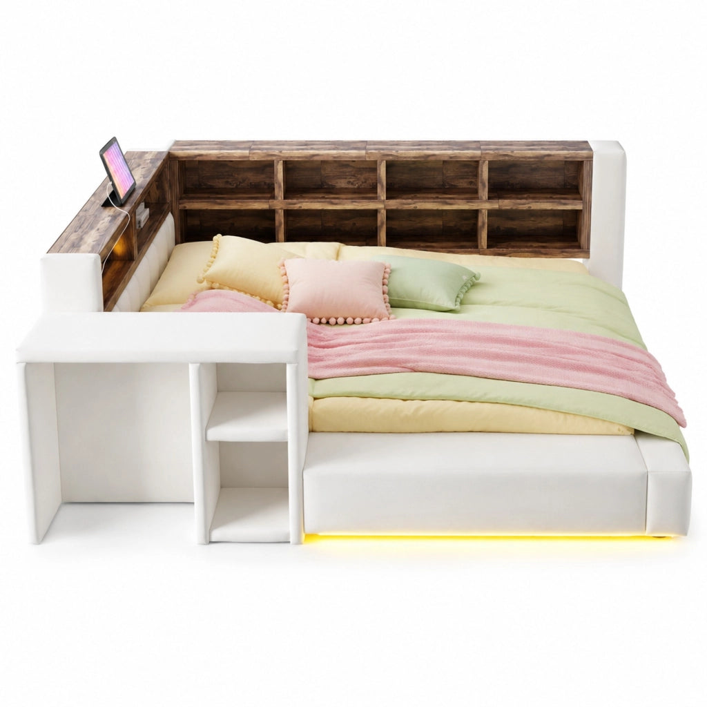 Letto imbottito 90 x 200 cm con LED; prese integrate e vani portaoggetti; beige