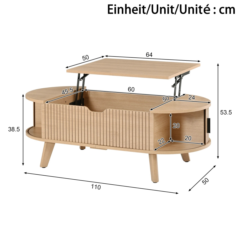 Tavolino da salotto ovale 110x50 cm con piano sollevabile e ante scorrevoli naturale HOMVRA
