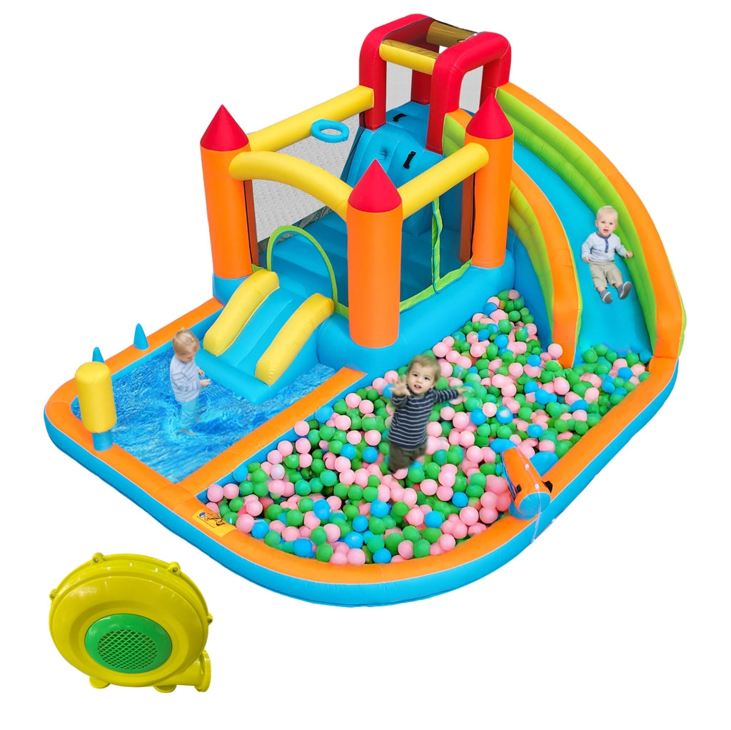 Castello gonfiabile con scivolo ad acqua e trampolino arancione con soffiatore 450 W HOMVRA
