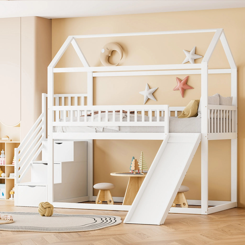 Letto a soppalco 90 × 200 cm con scivolo e scala contenitore in legno bianco; rete a doghe e sponde alte