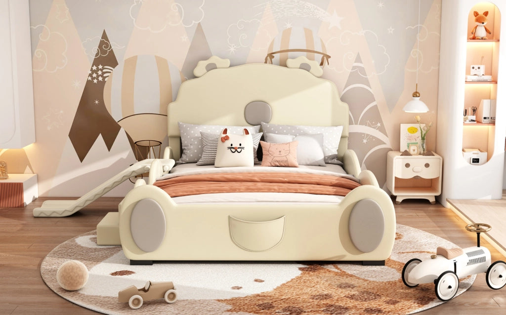 Letto per bambini 140x200 cm a forma di orso con scivolo e scala, materiale PU e MDF, beige